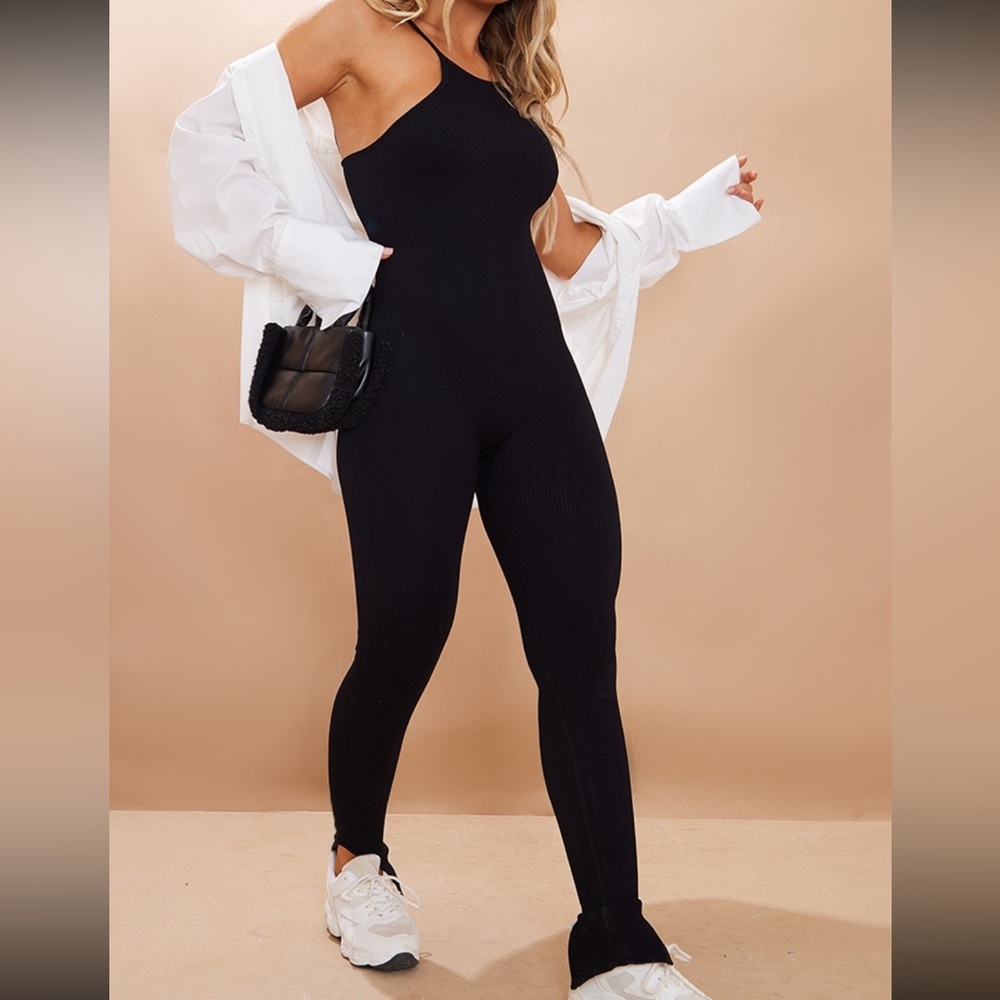 Black Structured Contour Ribbed Strappy Racer Neck Jumpsuit